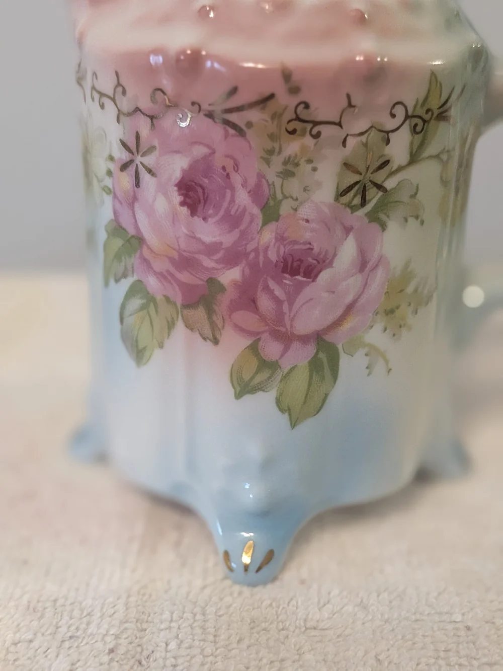 Antique Porcelain Footed Creamer R. S. Prussia Floral Design Trimmed In Gold.